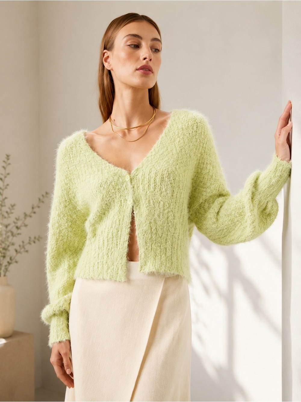 Louna Eyelash Knit Cropped Cardigan Light Green Button Front XS